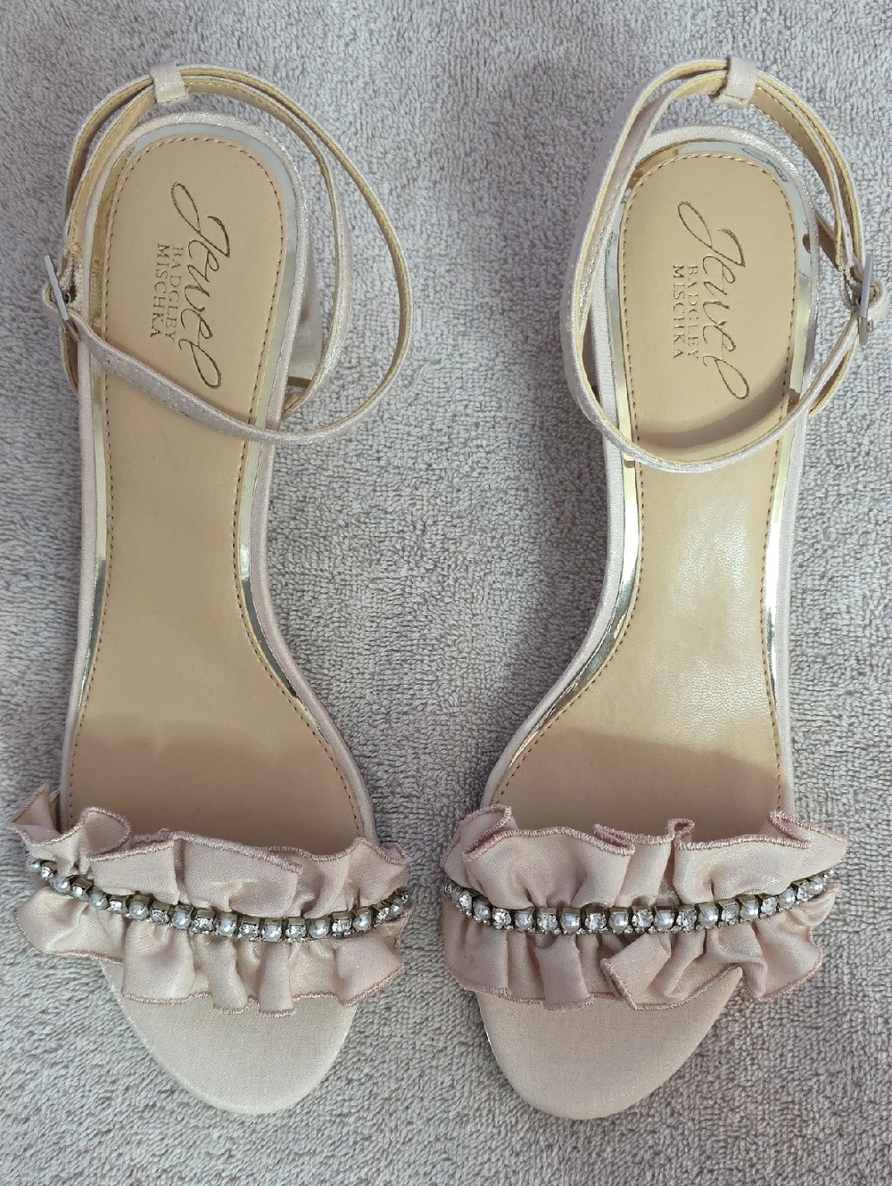 Jewel Badgley Mischka Beige Ruffle Crystal-Trim Ankle-Strap Sandals